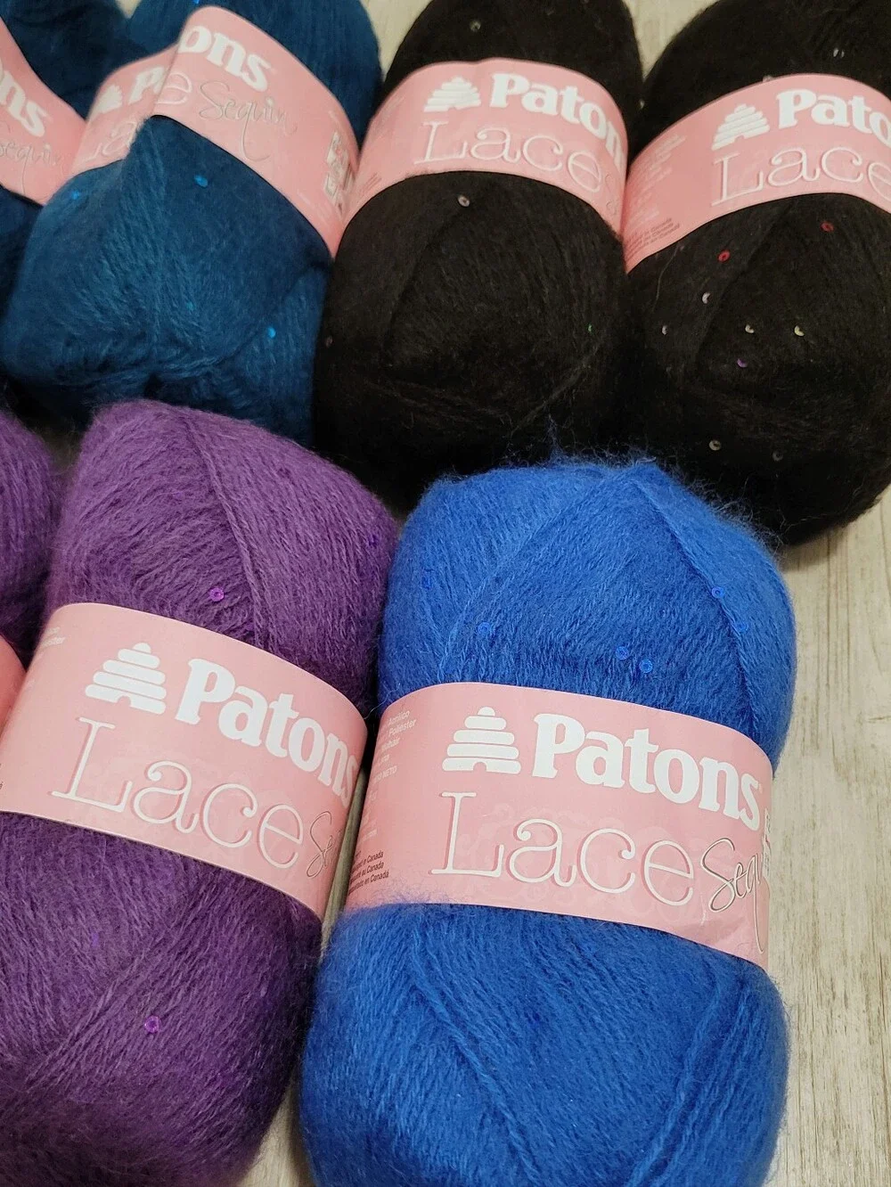 9 Skeins Patrons Lace Sequin Yarn Aquamarine Amethyst Onyx Sapphire 1.45 lb Lot